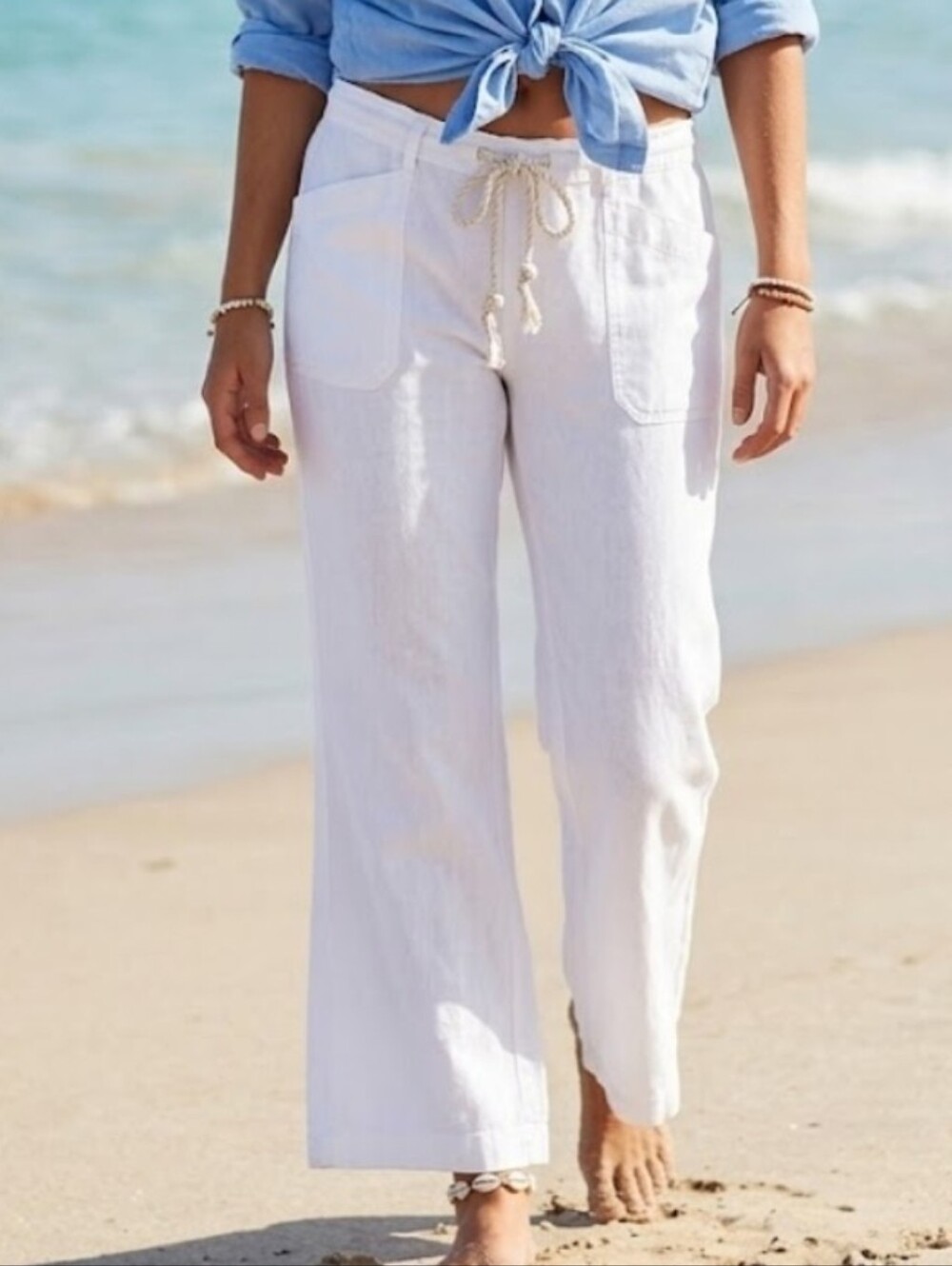 Roxy White Wide-Leg Drawstring Linen Pants